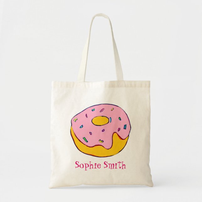 Cute pink doughnut art with personalised name tote bag (Front)