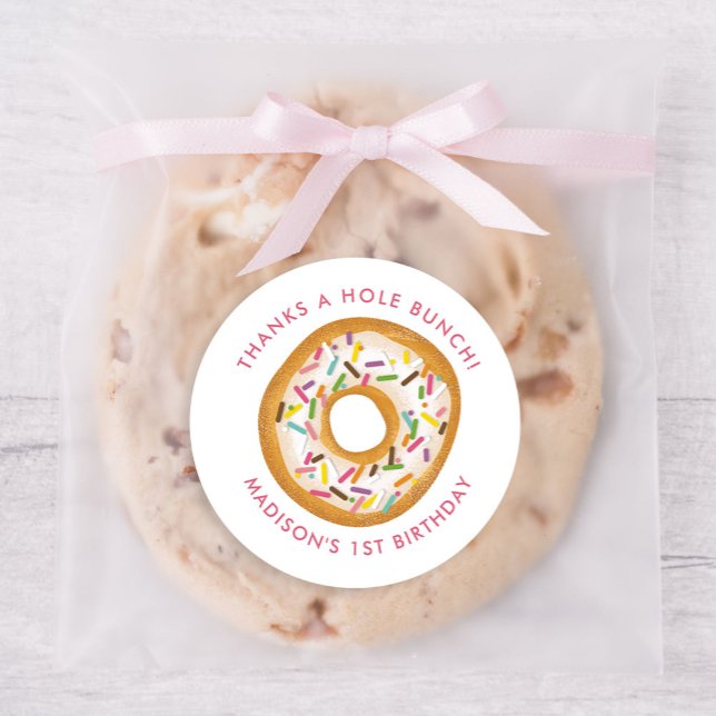 Cute Pink Doughnut Birthday Party Favour Classic Round Sticker (Creator Uploaded)