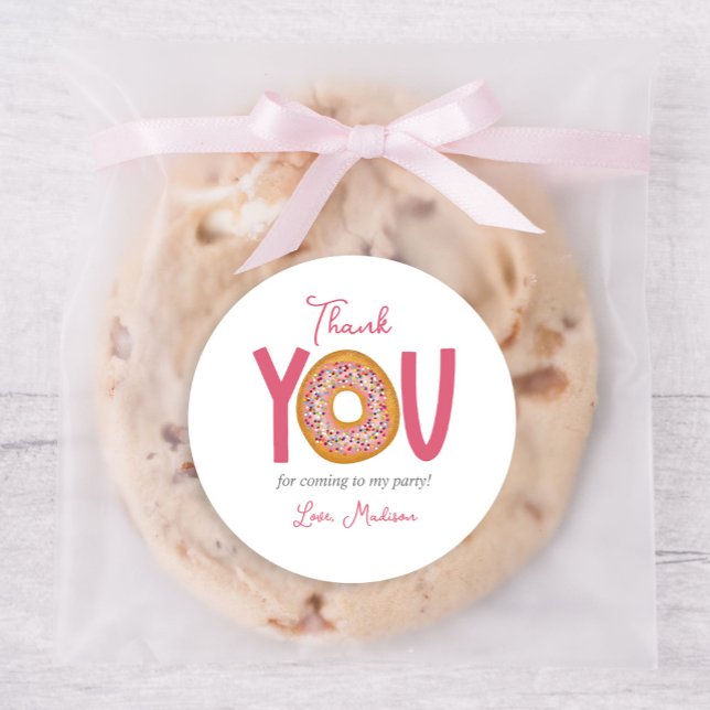 Cute Pink Doughnut Birthday Party Favour Classic Round Sticker (Creator Uploaded)