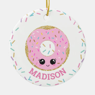 Cute Pink Doughnut Doughnut with Name Ceramic Tree Decoration