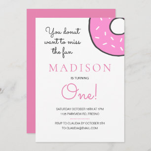 Cute Pink Doughnut Girl Turning One First Birthday Invitation