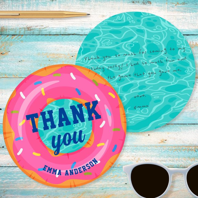 Cute Pink Doughnut Inner Tube Pool Party Birthday Thank You Card (Creator Uploaded)