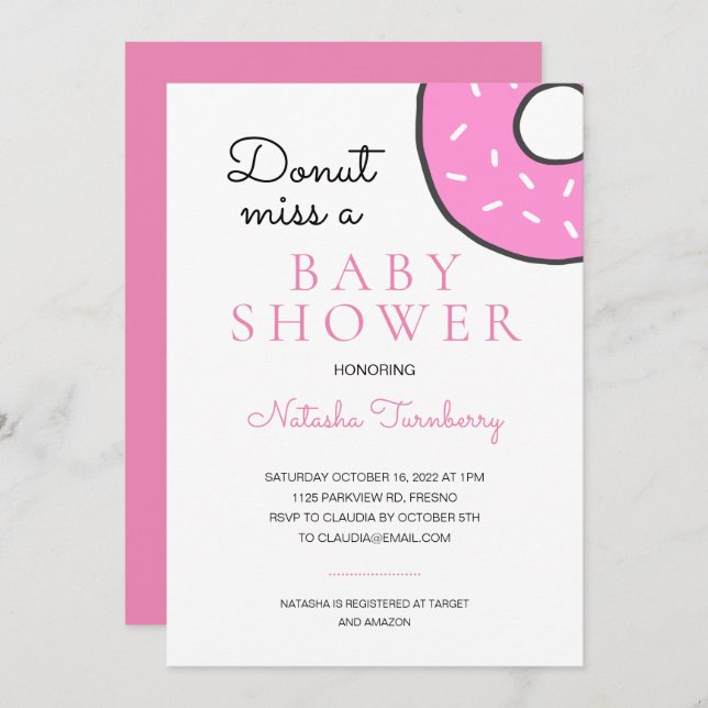 Cute Pink Doughnut Miss A Baby Shower Invitation (Front/Back)