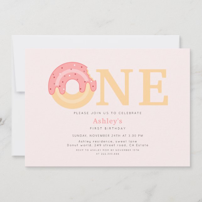 Cute Pink Doughnut One 1st Birthday  Invitation (Front)