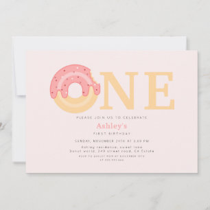 Cute Pink Doughnut One 1st Birthday Invitation