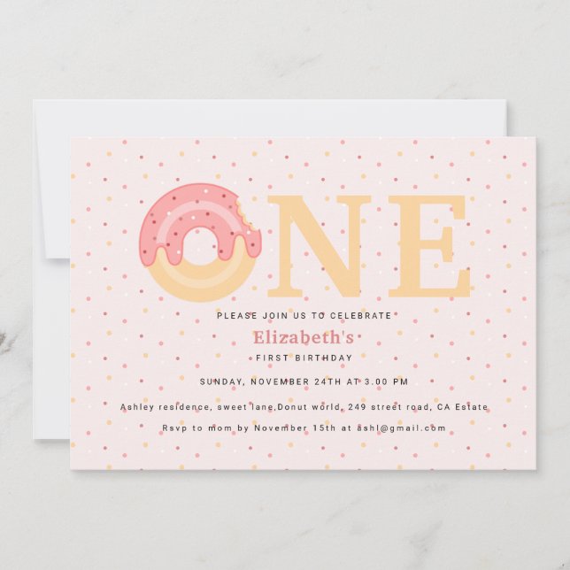 Cute Pink Doughnut One Sprinkle  1st Birthday   Invitation (Front)