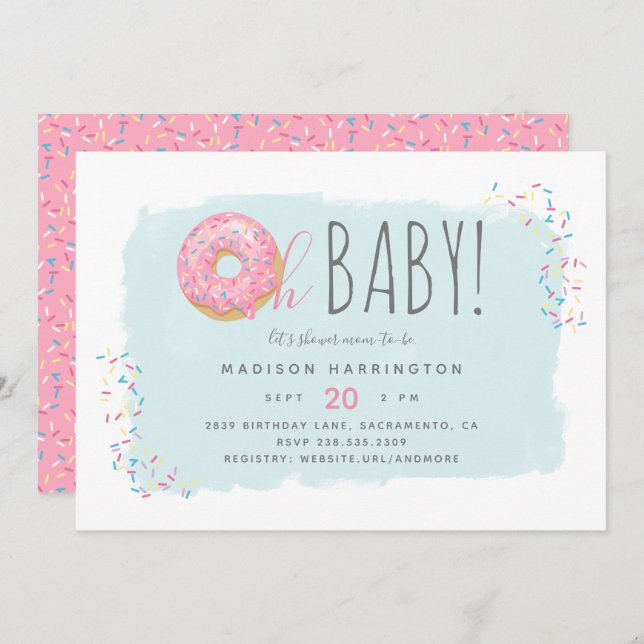 Cute Pink Doughnut Sprinkle Modern Oh Baby Shower Invitation (Front/Back)