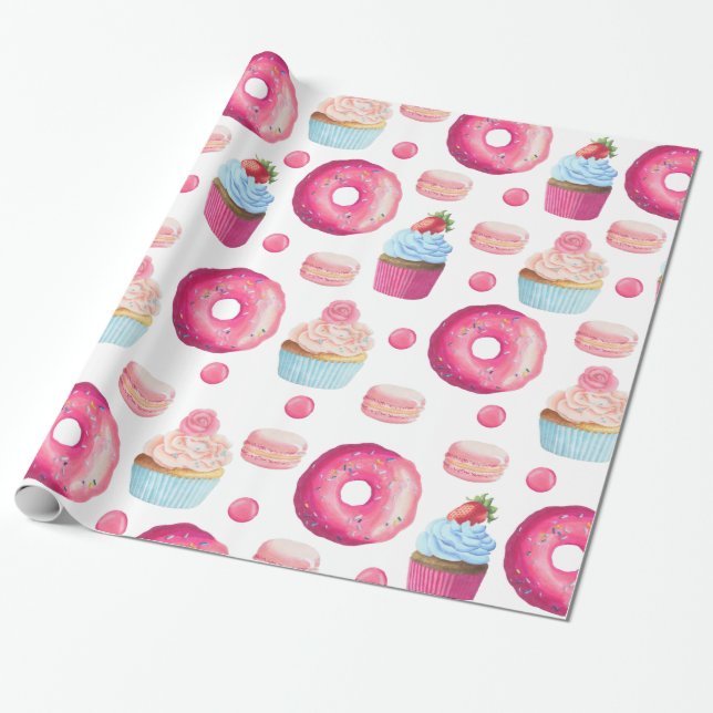 Cute Pink Doughnuts and Cupcakes on White Wrapping Paper (Unrolled)
