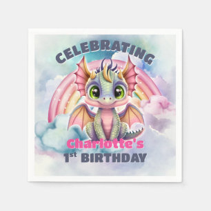 Cute Pink Dragon 1st Birthday Party Napkin