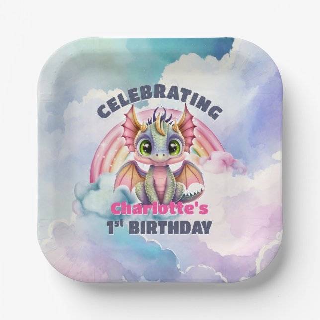 Cute Pink Dragon 1st Birthday Party Paper Plate (Front)