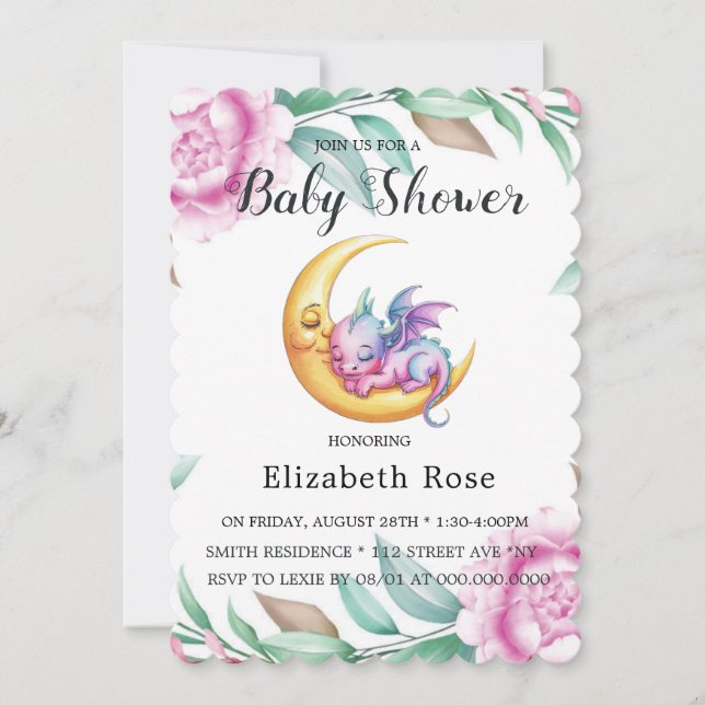 Cute Pink Dragon and Peony Girl Baby Shower Invitation (Front)