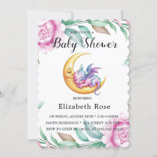Cute Pink Dragon and Peony Girl Baby Shower Invitation