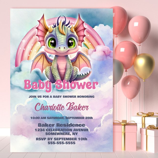 Cute Pink Dragon Baby Girl Baby Shower Invitation (Creator Uploaded)