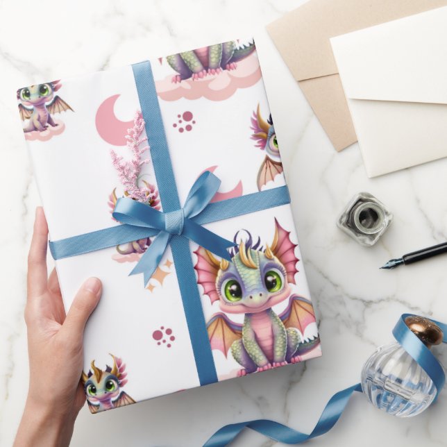 Cute Pink Dragon Pattern Wrapping Paper (Gifting)
