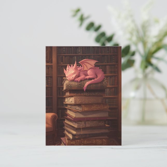 Cute pink dragon sleeping on books postcard (Standing Front)
