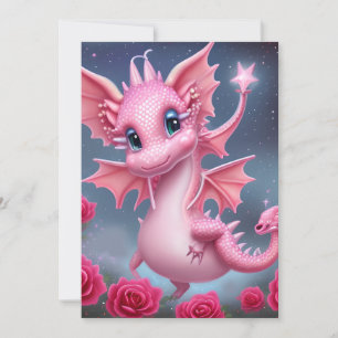 Cute Pink Dragon with Pink Flowers Holiday Card