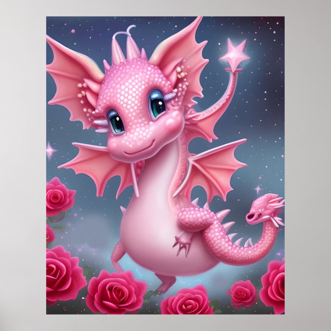 Cute Pink Dragon with Pink Flowers Poster (Front)