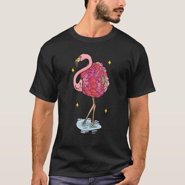 Cute Pink Dreaming Girl Baby Flamingo With Flowers T-Shirt (Front)