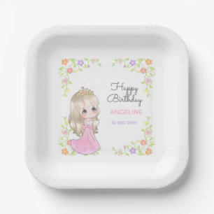 Cute Pink Dress Princess Floral Birthday  Paper Plate
