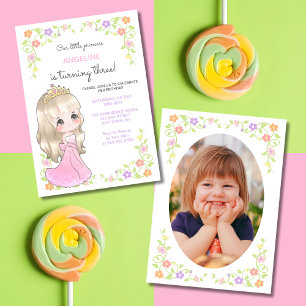 Cute Pink Dress Princess Floral Photo Birthday  Invitation