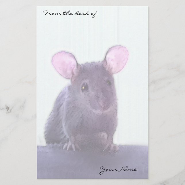 Cute Pink Eared Mouse Drawing Add Your Name Stationery (Front)