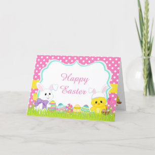 Cute Pink Easter Bunny and Chick Easter Egg Hunt Holiday Card