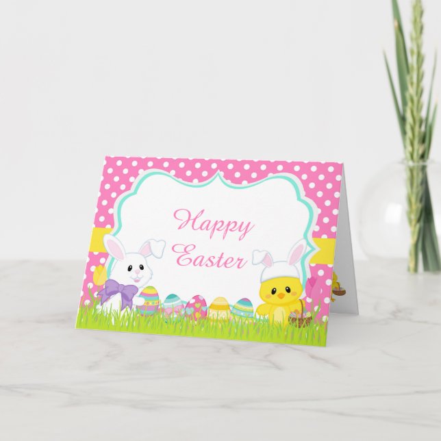 Cute Pink Easter Bunny and Chick Easter Egg Hunt Holiday Card (Front)