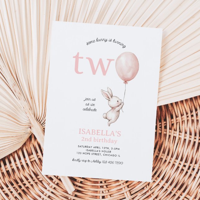 Cute Pink Easter Bunny Rabbit Girl 2nd Birthday Invitation (Some Bunny Turning Two 2nd Birthday Invitation)