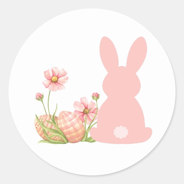 Cute Pink Easter Bunny with Spring Flowers  Classic Round Sticker (Front)