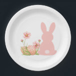Cute Pink Easter Bunny with Spring Flowers  Paper Plate<br><div class="desc">A charming watercolor-style illustration of a pink bunny silhouette surrounded by beautiful spring flowers and patterned Easter eggs. Perfect for kids,  Easter celebrations,  and spring lovers.</div>