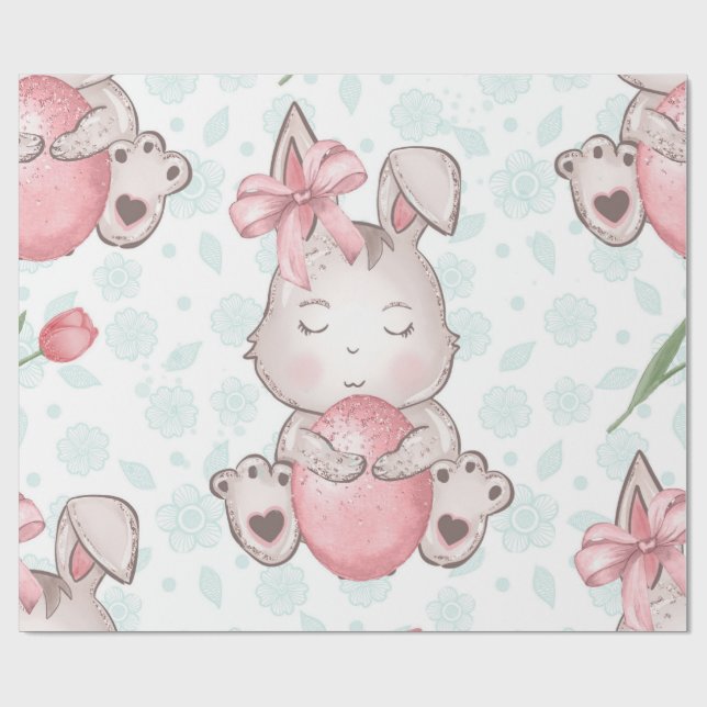 Cute Pink Easter Bunny Wrapping Paper (Flat)