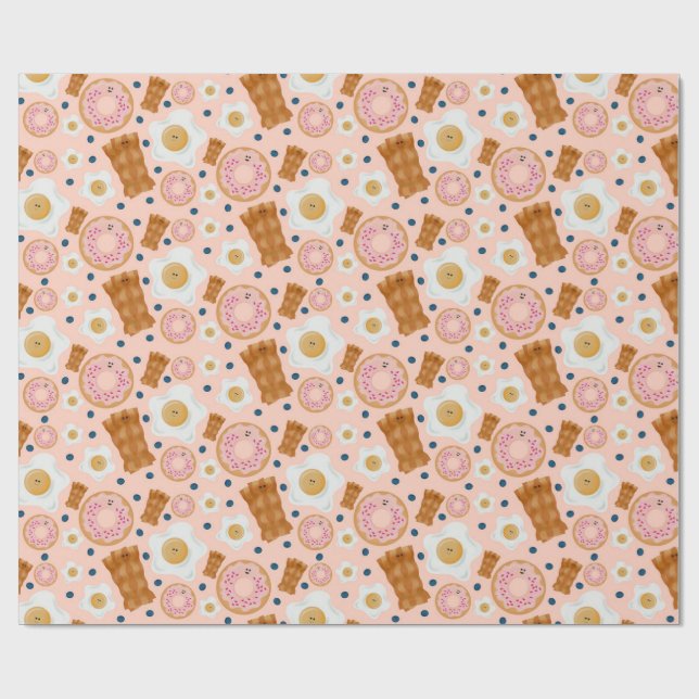 Cute Pink Eggs Bacon Donuts Seamless Wrapping Paper (Flat)