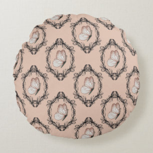 Cute Pink Elegant Butterfly Damask Pattern Round Cushion