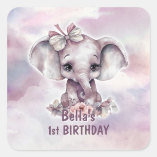 Cute Pink Elephant 1st Birthday Party Envelope Square Sticker