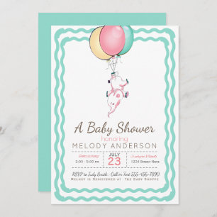 Cute Pink Elephant and Balloons Baby Shower Invitation