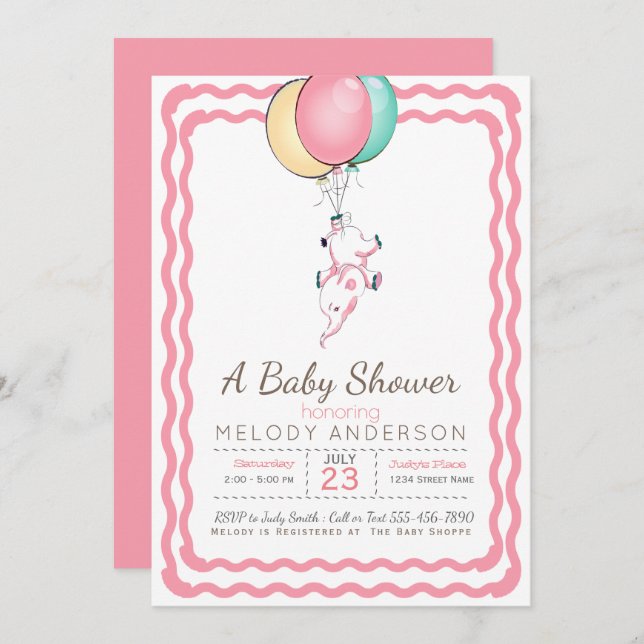 Cute Pink Elephant and Balloons Baby Shower Invitation (Front/Back)