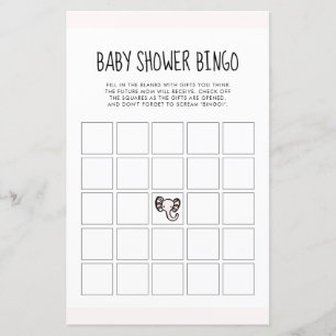 Cute pink elephant Baby shower Bingo game