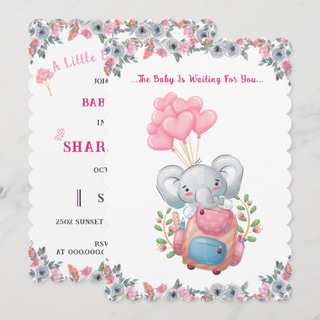 Cute Pink Elephant Baby Shower Invitation (Front/Back)