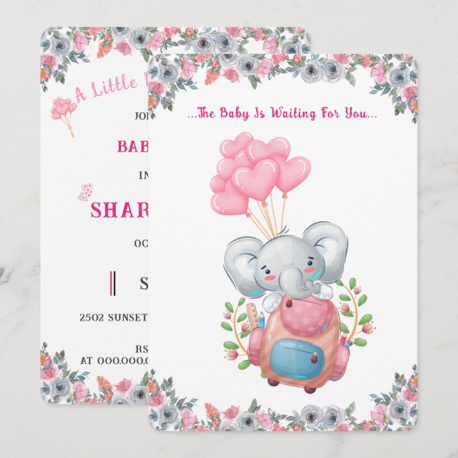 Cute Pink Elephant Baby Shower Invitation (Front/Back)