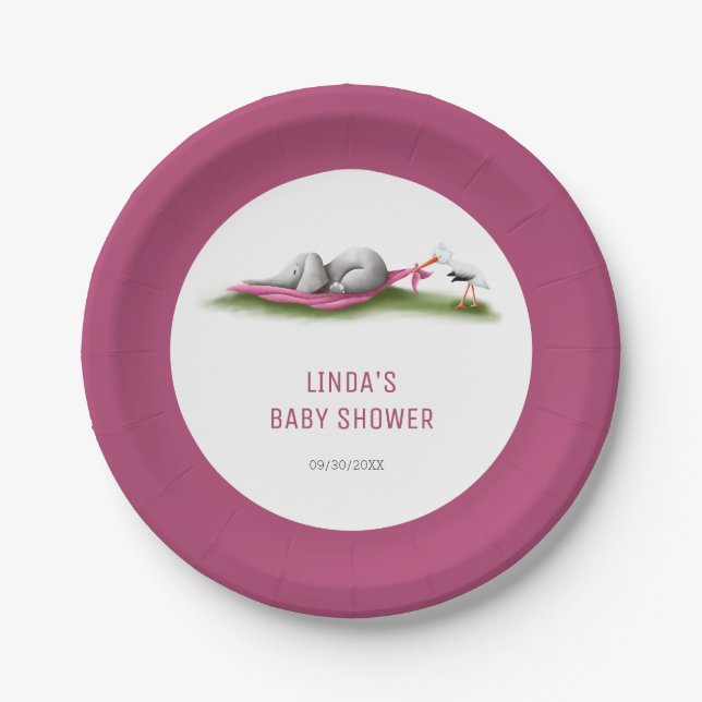 Cute Pink Elephant Baby Shower Paper Plates (Front)