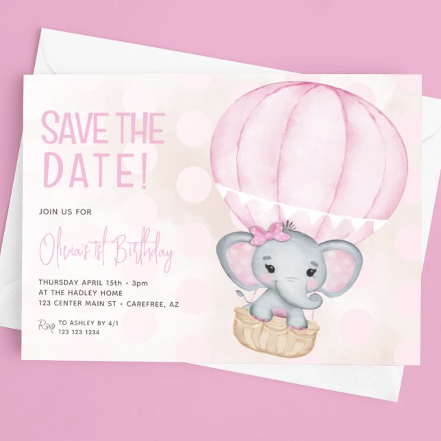 Cute Pink Elephant Balloon 1st Birthday Save The Date (Creator Uploaded)
