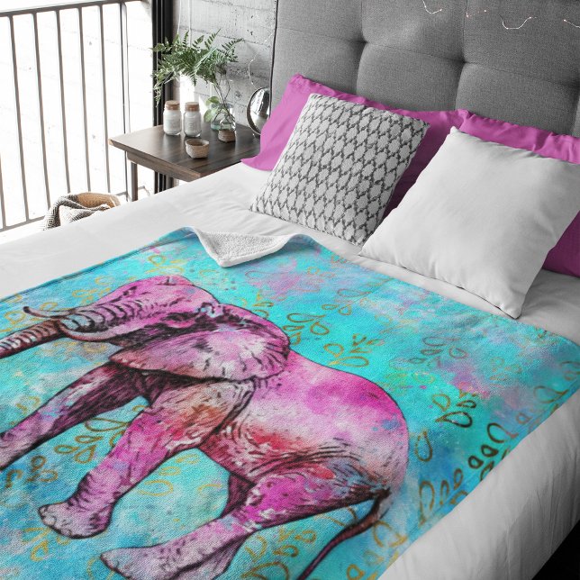 Cute Pink Elephant Blue Watercolor Personalised Fleece Blanket (Creator Uploaded)