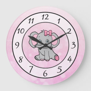 Cute pink elephant children's or baby nursery large clock