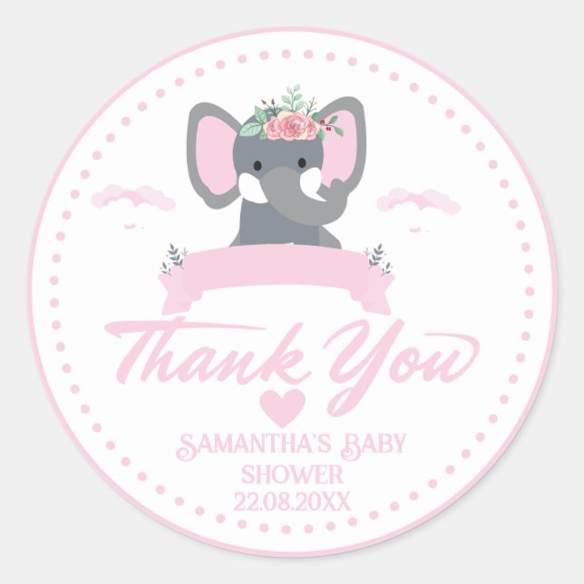 Cute Pink elephant floral thank you baby shower  Classic Round Sticker (Front)