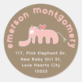 Cute Pink Elephant Girl Baby Birth Return Address Classic Round Sticker