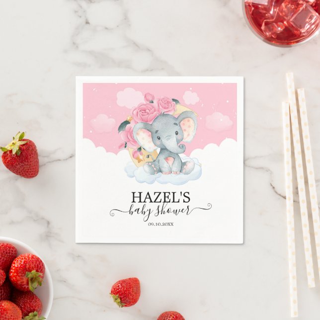 Cute Pink Elephant Girl Baby Shower Birthday Napkin (Insitu)
