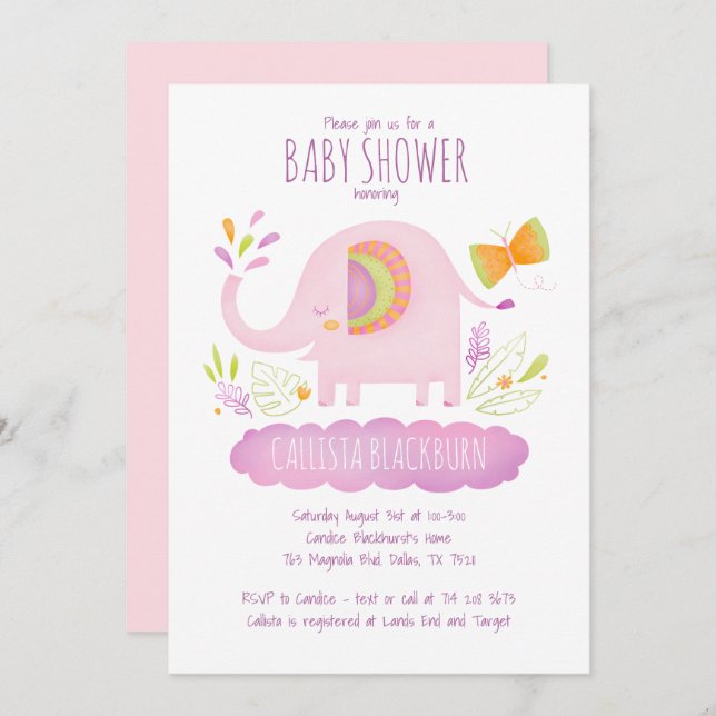 Cute Pink Elephant Girl Baby Shower Invitation (Front/Back)