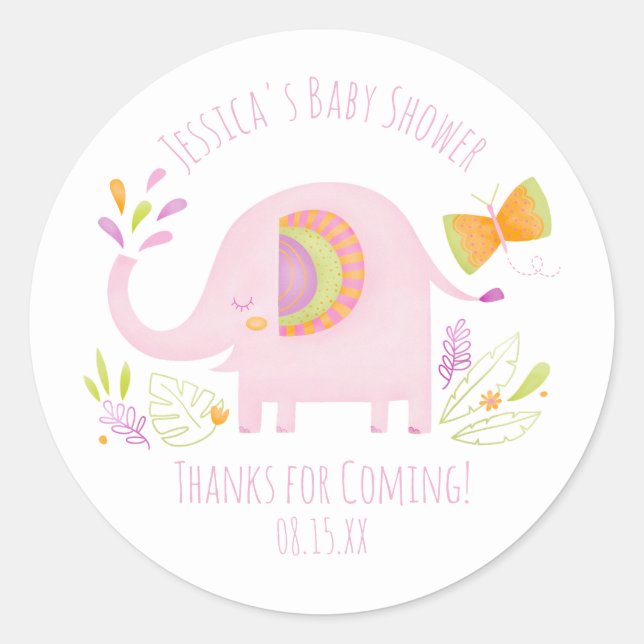 Cute Pink Elephant Girl Baby Shower Sticker (Front)