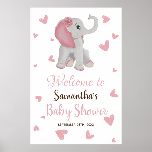 Cute Pink Elephant Girl Baby Shower Welcome Sign (Front)