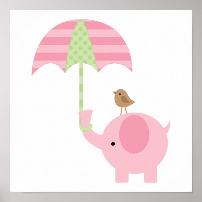 Cute Pink Elephant Girl Nursery Poster (Front)